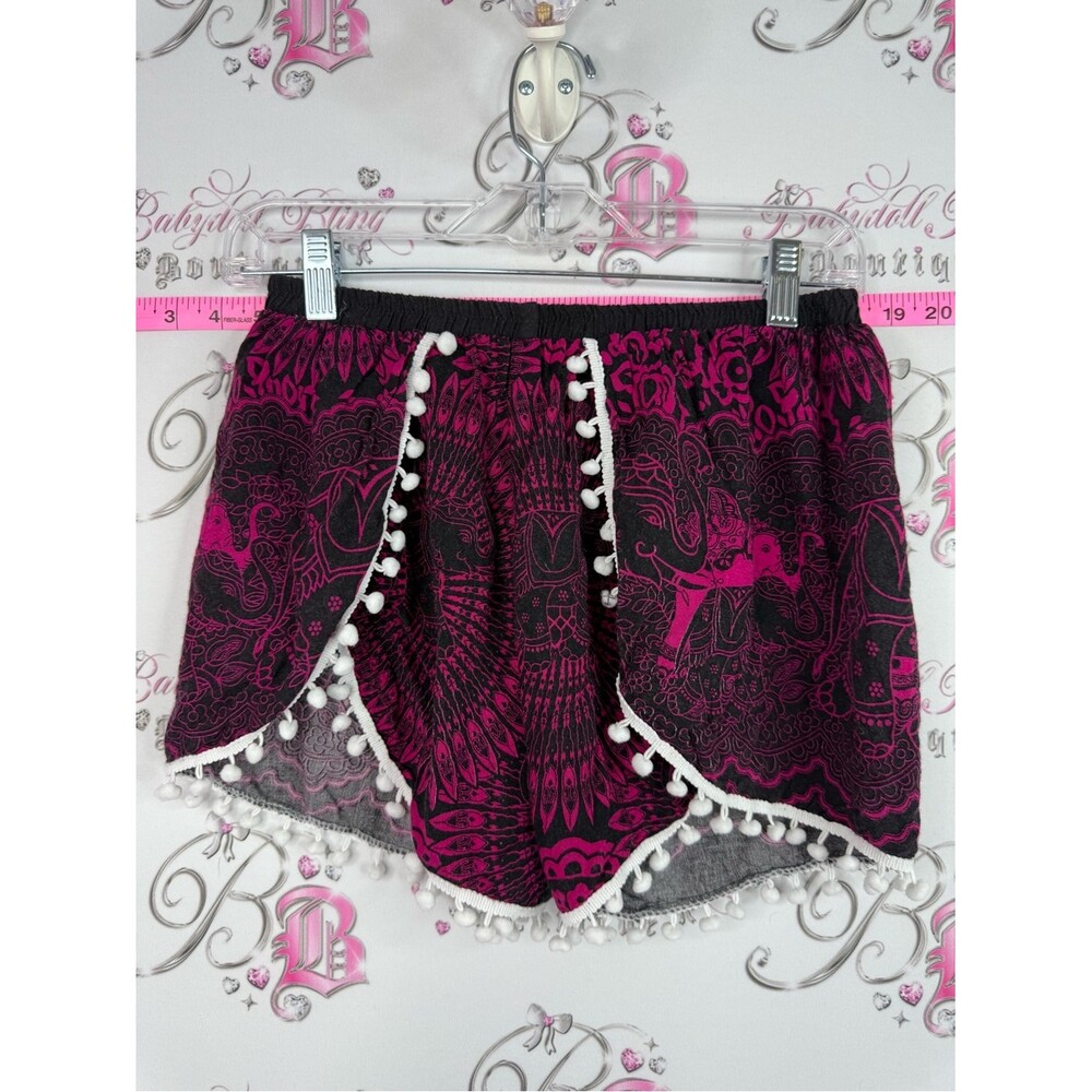 Thailand shorts elephant Boho Pom-Trim Wrap Women’s Shorts in Magenta and Black